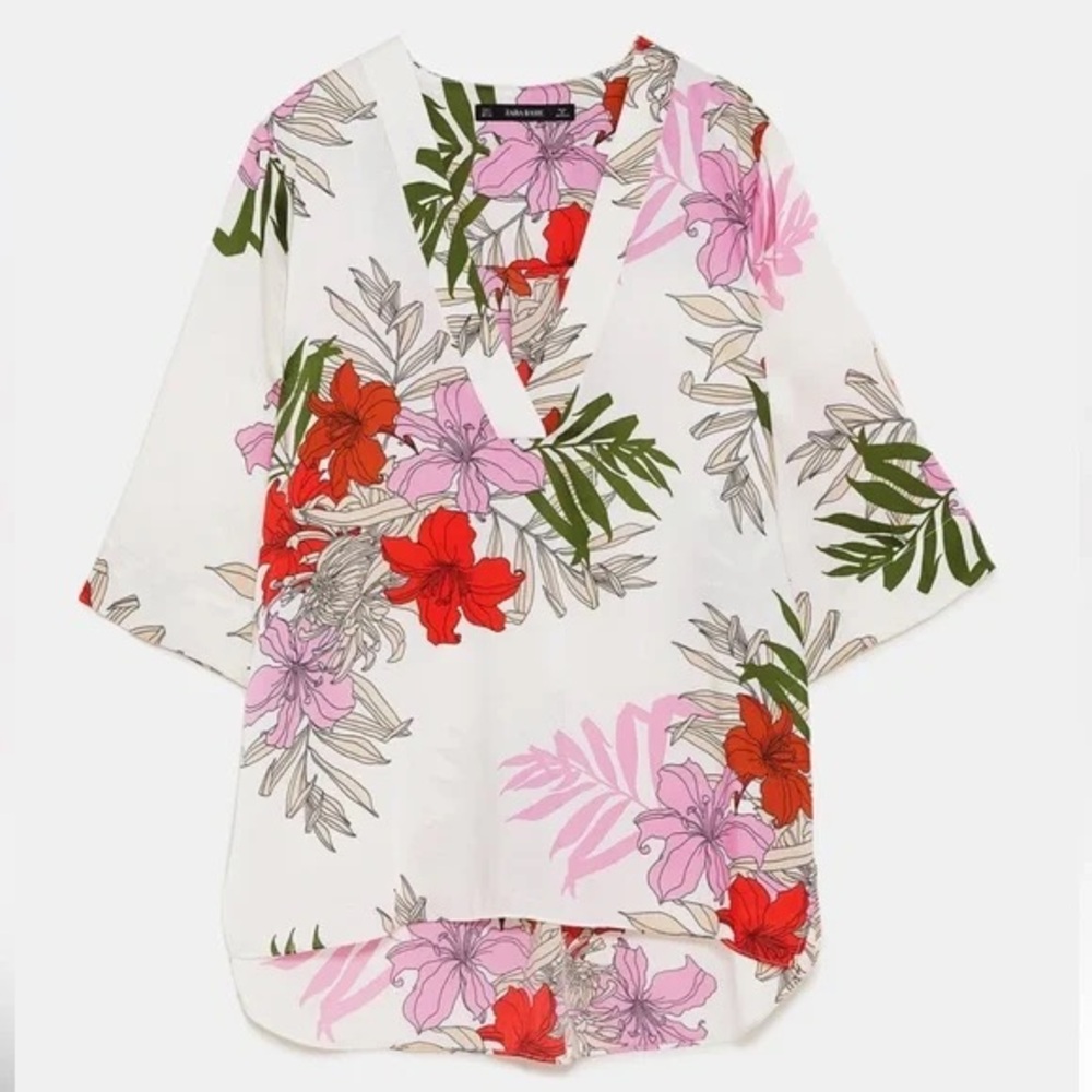 Zara Flowy Floral Print Hi Lo Hem Blouse Size XS